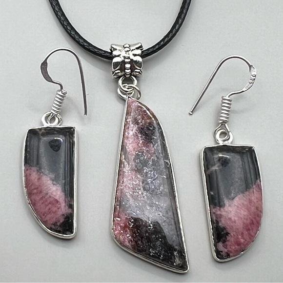 New Pink Rhodonite Stone Silver Overlay Pendant Earrings Necklace Set w Cord - Picture 8 of 8